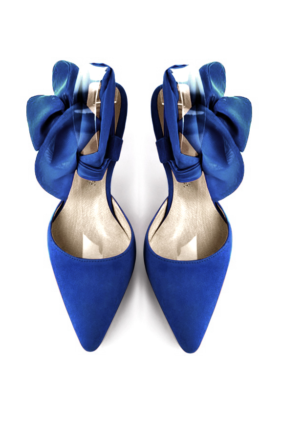 Electric blue women's open back shoes, with an ankle scarf. Tapered toe. Medium spool heels. Top view - Florence KOOIJMAN